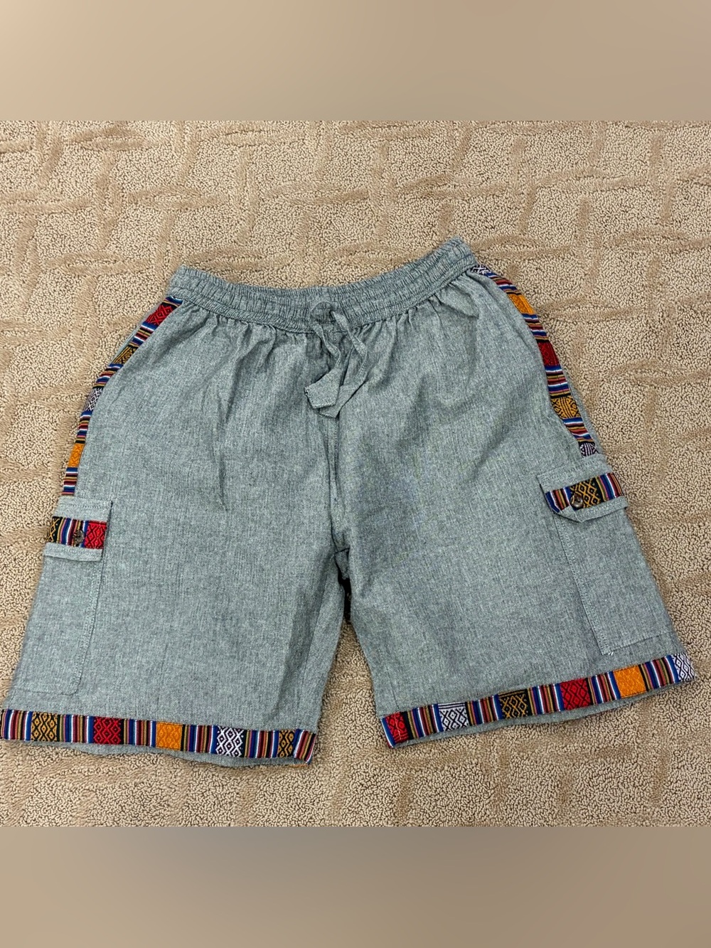 Nepal Boho Cargo Shorts Men’s M 34/36 Woven Tribal Trim Festival Hippie